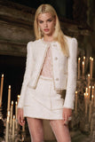 White 2 Piece Long Sleeves Tweed Outfits with Buttons