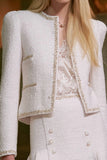 White 2 Piece Long Sleeves Tweed Outfits with Buttons