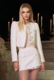 White 2 Piece Round Neck Short Tweed Outfits with Sleeves