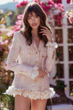Light Pink Plaid Tight Short Double Breasted Tweed Blazer with Ruffles