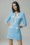 Blue Buttons V-Neck Short Tweed Dress with Pockets