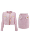 2 Piece Pink Short Blazer Tweed Outfits with Pockets