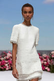 Simple White Tweed Short Tweed Dress with Sleeves