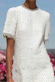 Simple White Tweed Short Tweed Dress with Sleeves