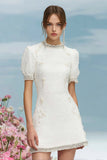 White Round Neck Short Tweed Dress with Sleeves