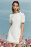 White Round Neck Short Sleeves Tweed Dress