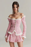Pink Off the Shoulder 2 Piece Short Blazer Tweed Outfits