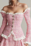 Pink Off the Shoulder 2 Piece Short Blazer Tweed Outfits