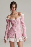 Pink 2 Piece Off the Shoulder Short Blazer Tweed Outfits with Sleeves