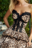 Khaki Leopard Printed Corset Ruffled Short Tiered Cocktail Dress with Lace