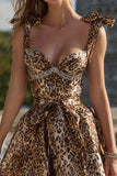 Sparkly Khaki Leopard Printed Beaded Short Cocktail Dress with Sash