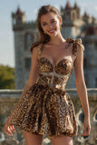 Sparkly Leopard Printed Short Khaki A Line Cocktail Dress with Bows