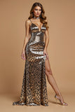 Golden Leopard Printed Metallic Maxi Sheath Holiday Party Dress with Slit