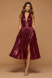 Burgundy Metallic Halter Backless Midi Holiday Party Dress with Slit
