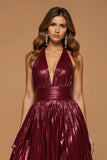 Burgundy Metallic Halter Backless Midi Holiday Party Dress with Slit