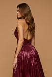 Burgundy Metallic Halter Backless Midi Holiday Party Dress with Slit