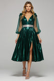 Dark Green Metallic V-Neck A Line Midi Holiday Party Dress with Slit