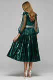 Dark Green Metallic V-Neck A Line Midi Holiday Party Dress with Slit