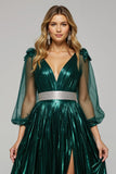 Dark Green Metallic V-Neck A Line Midi Holiday Party Dress with Slit