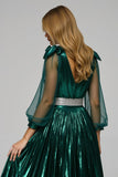 Dark Green Metallic V-Neck A Line Midi Holiday Party Dress with Slit