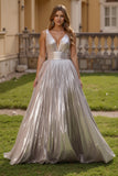 Silver Metallic Thick Straps A Line Backless Maxi Prom Dress