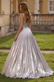 Silver Metallic Thick Straps A Line Backless Maxi Prom Dress