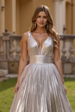 Silver Metallic Thick Straps A Line Backless Maxi Prom Dress