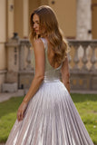 Silver Metallic Thick Straps A Line Backless Maxi Prom Dress