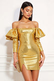 Sparkly Golden Metallic Tight Short Cocktail Dress with Ruffles