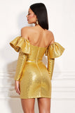 Sparkly Golden Metallic Tight Short Cocktail Dress with Ruffles