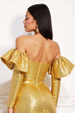 Sparkly Golden Metallic Tight Short Cocktail Dress with Ruffles