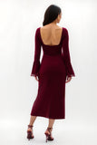 Burgundy Flare Sleeves Maxi Sheath Holiday Party Dress with Lace