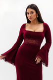 Burgundy Flare Sleeves Maxi Sheath Holiday Party Dress with Lace