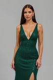 Sparkly Dark Green Sheath V-Neck Sequins Maxi Holiday Party Dress with Slit