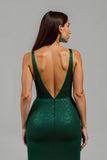 Sparkly Dark Green Sheath V-Neck Sequins Maxi Holiday Party Dress with Slit