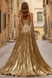 Golden Metallic Halter Ruched A Line Maxi Prom Dress with Slit