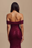 Sparkly Burgundy Sequins Mermaid Maxi Holiday Party Dress with Flowers