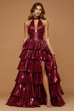 Burgundy Ruffled Metallic Halter Tiered Long Prom Dress with Slit