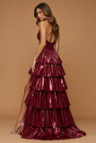Burgundy Ruffled Metallic Halter Tiered Long Prom Dress with Slit