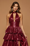 Burgundy Ruffled Metallic Halter Tiered Long Prom Dress with Slit