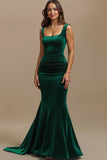 Dark Green Square Neck Mermaid Maxi Holiday Party Dress