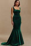 Dark Green Square Neck Mermaid Maxi Holiday Party Dress