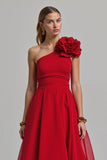 Red One Shoulder A Line 3D Flower Maxi Holiday Party Dress