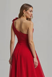 Red One Shoulder A Line 3D Flower Maxi Holiday Party Dress