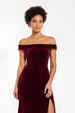 Burgundy Sheath Off the Shoulder Velvet Maxi Holiday Party Dress with Slit