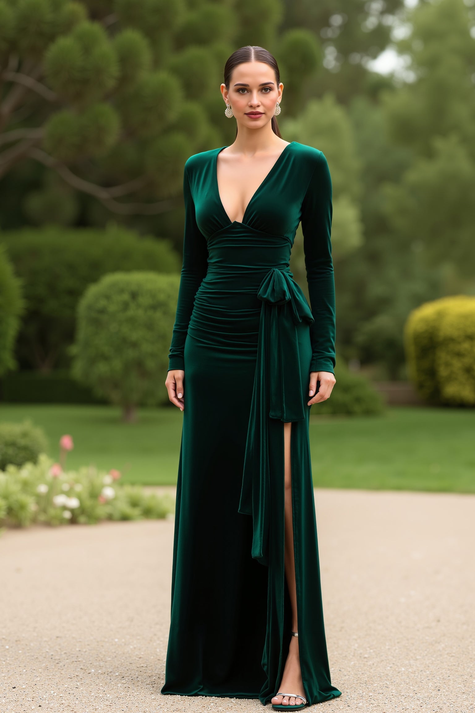 Leely Women Dark Green Velvet Sheath Maxi Holiday Party Dress with Slit V-Neck Long Sleeves Backless Formal Dress with Sash leelyuk Leely Women Dark Green Velvet Sheath Maxi Holiday Party Dress with Slit V-Neck Long Sleeves Backless Formal Dress with Sash leelyuk
