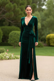 Dark Green Velvet V-Neck Maxi Sheath Holiday Party Dress with Slit