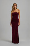Burgundy Sheath Strapless Maxi Holiday Party Dress with Slit