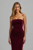 Burgundy Sheath Strapless Maxi Holiday Party Dress with Slit