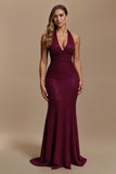 Sparkly Burgundy Sequins Mermaid Halter Maxi Holiday Party Dress